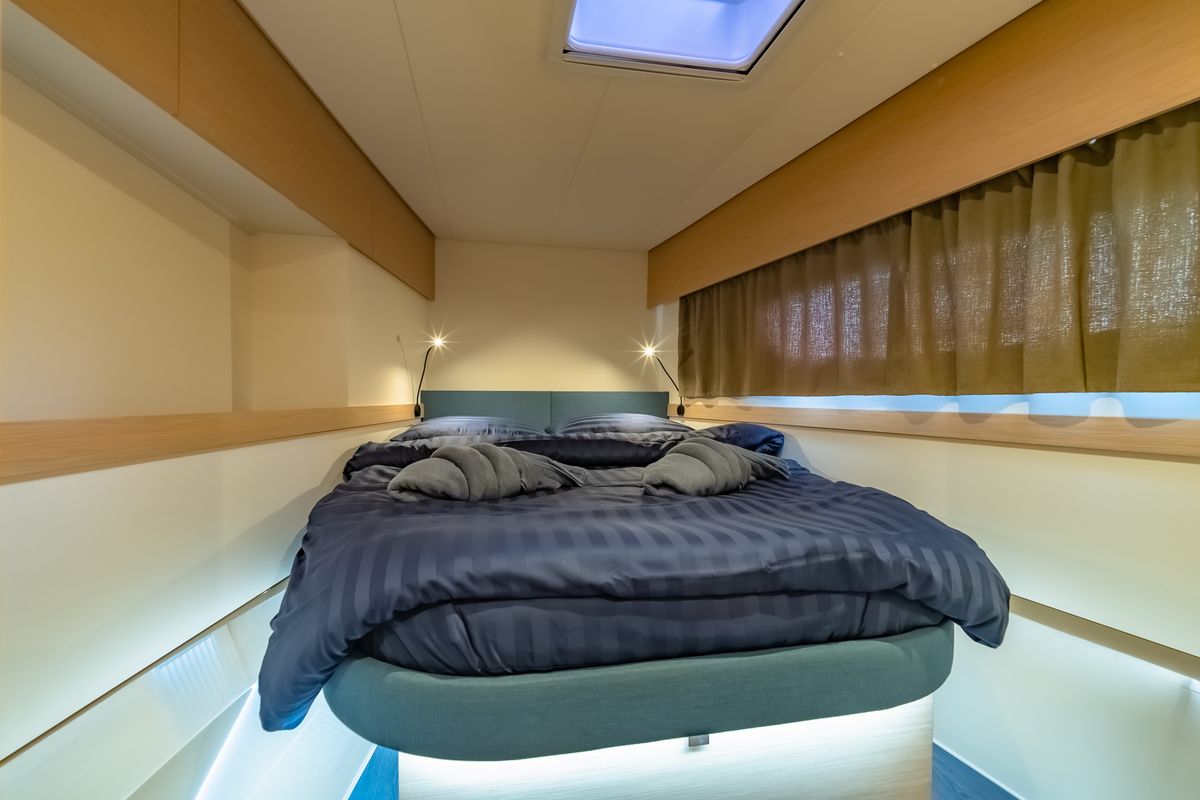 Cabin on Chammak Challo, a Fountaine Pajot Elba 45 catamaran at Yacht Haven Marina, Thailand