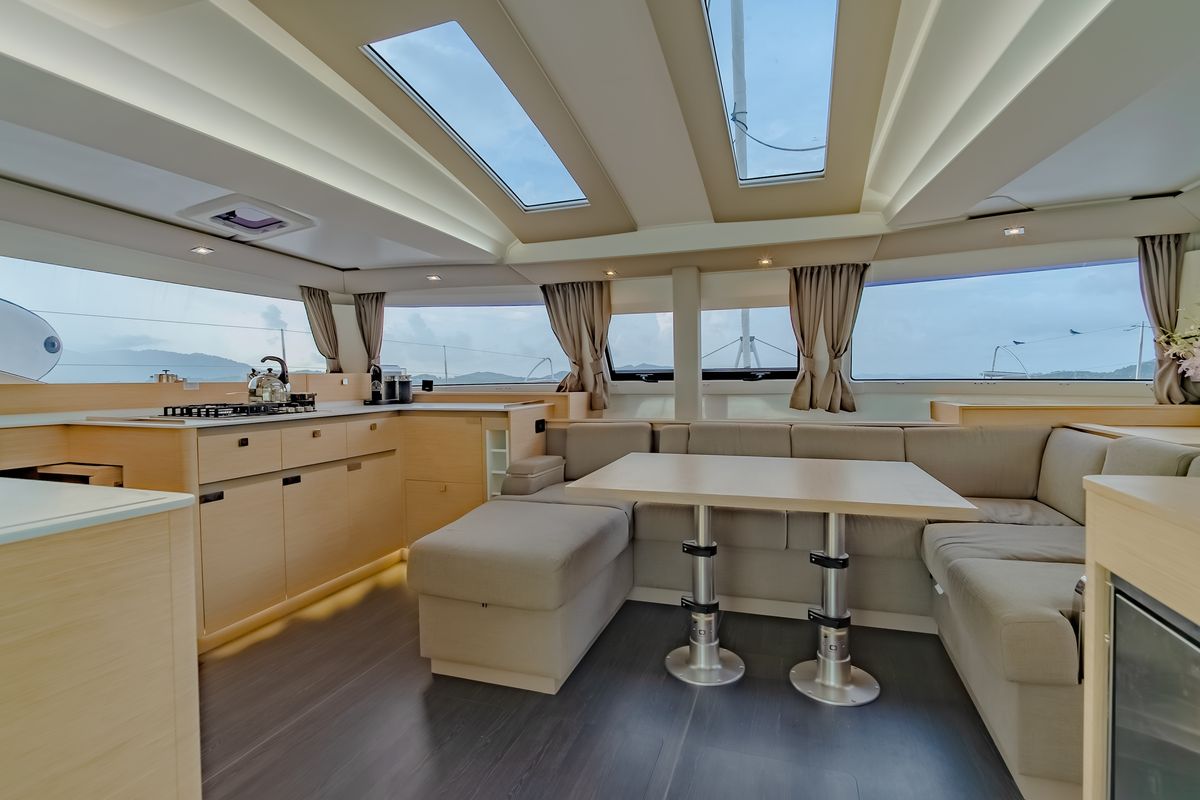 Salon of Chammak Challo, a Fountaine Pajot Elba 45 catamaran at Yacht Haven Marina, Thailand