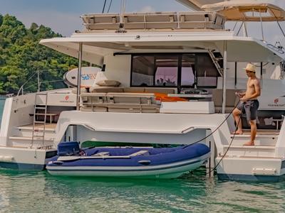 Deck of Chammak Challo, a Fountaine Pajot Elba 45 catamaran at Yacht Haven Marina, Thailand
