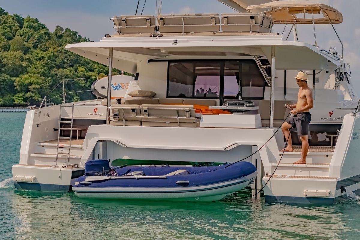 Deck of Chammak Challo, a Fountaine Pajot Elba 45 catamaran at Yacht Haven Marina, Thailand