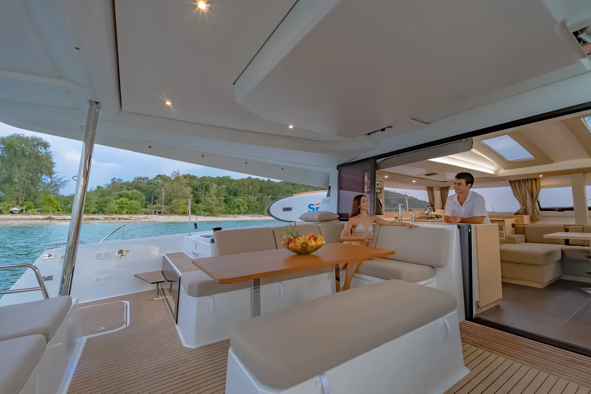 Deck of Chammak Challo, a Fountaine Pajot Elba 45 catamaran at Yacht Haven Marina, Thailand