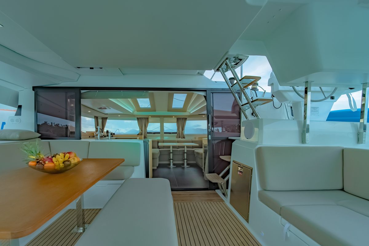 Deck of Chammak Challo, a Fountaine Pajot Elba 45 catamaran at Yacht Haven Marina, Thailand