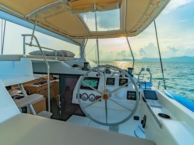 Cockpit of Chammak Challo, a Fountaine Pajot Elba 45 catamaran at Yacht Haven Marina, Thailand