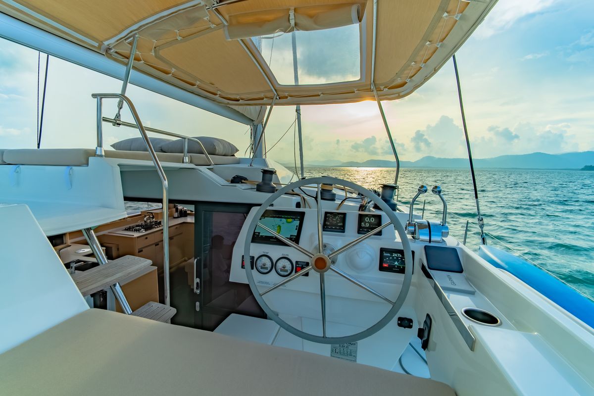 Cockpit of Chammak Challo, a Fountaine Pajot Elba 45 catamaran at Yacht Haven Marina, Thailand