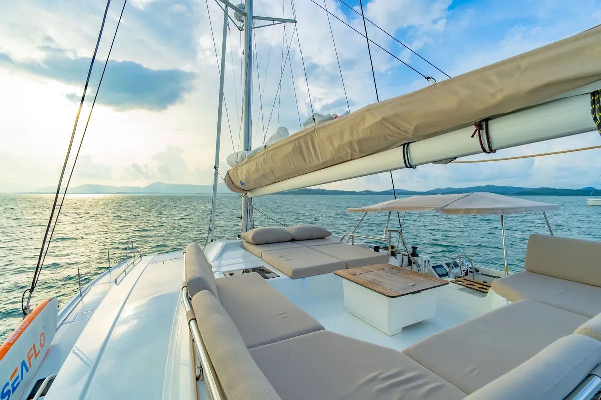 Deck of Chammak Challo, a Fountaine Pajot Elba 45 catamaran at Yacht Haven Marina, Thailand