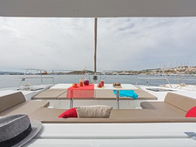 Deck of E.S., a Bali 4.1 catamaran at Municipal Unit of Lefkada, Greece