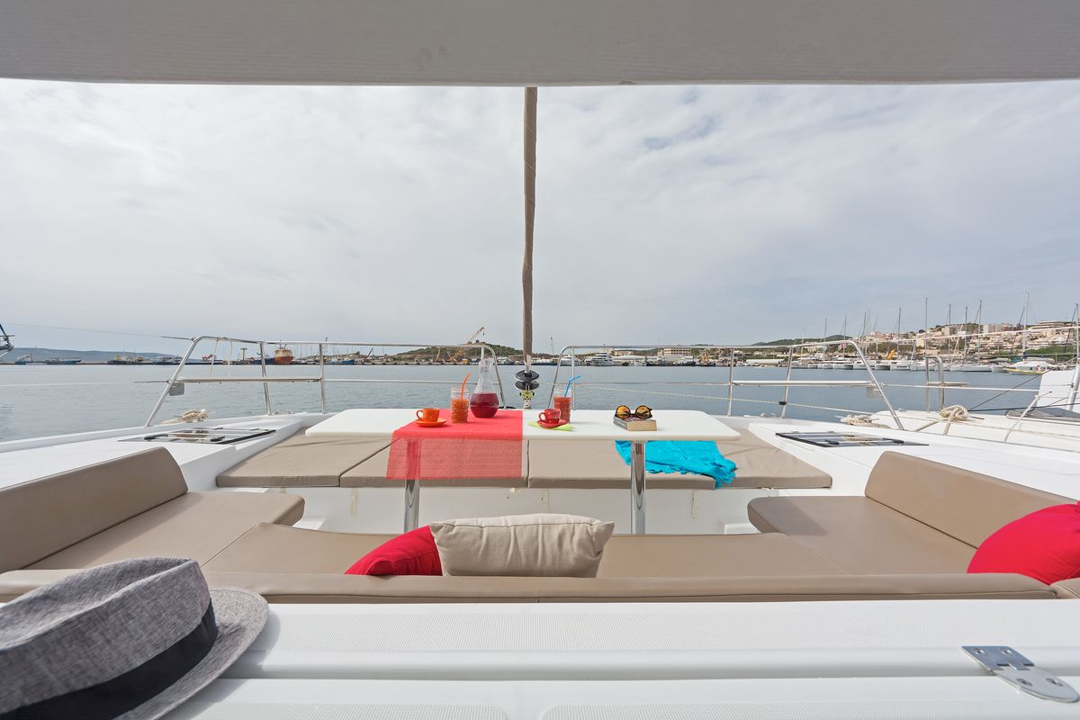 Deck of E.S., a Bali 4.1 catamaran at Municipal Unit of Lefkada, Greece