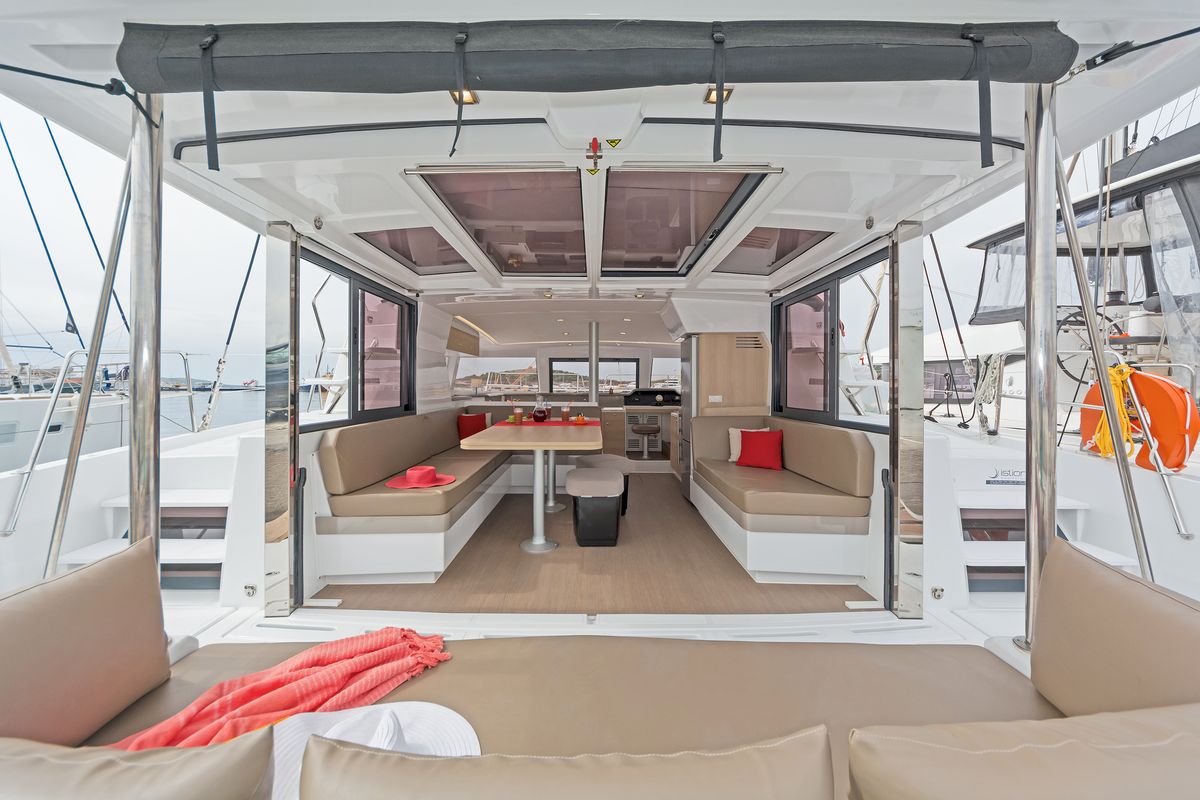 Deck of E.S., a Bali 4.1 catamaran at Municipal Unit of Lefkada, Greece