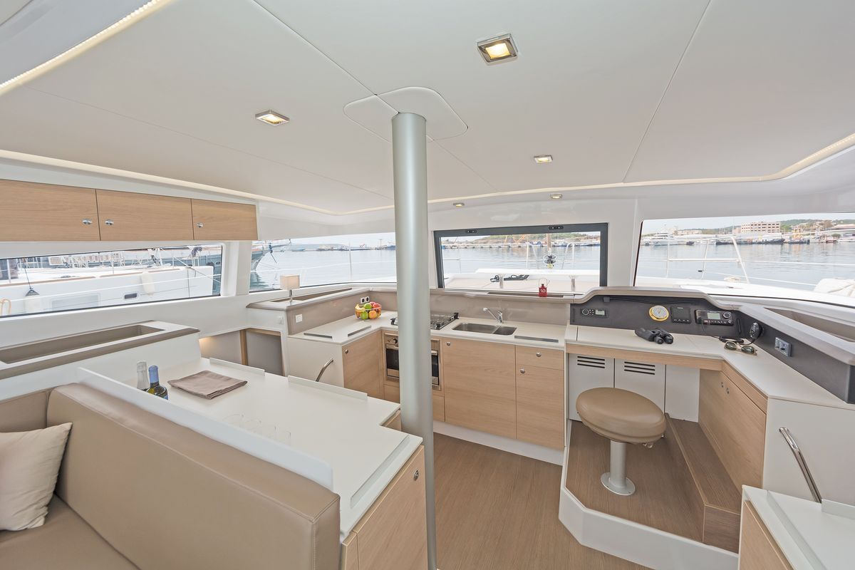 Salon of E.S., a Bali 4.1 catamaran at Municipal Unit of Lefkada, Greece