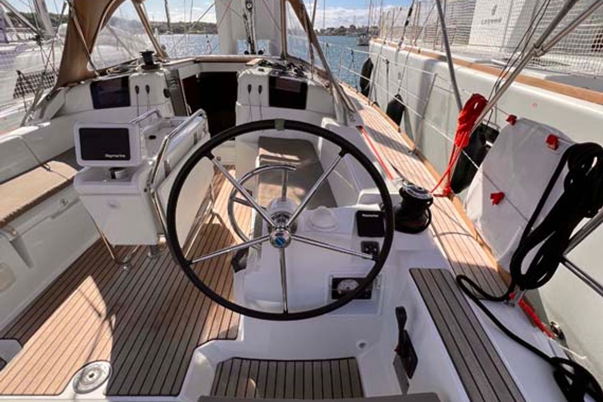 Cockpit of Moelli, a Jeanneau Sun Odyssey 389 sailboat at Felanitx, Spain
