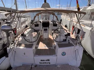 Cockpit of Moelli, a Jeanneau Sun Odyssey 389 sailboat at Felanitx, Spain
