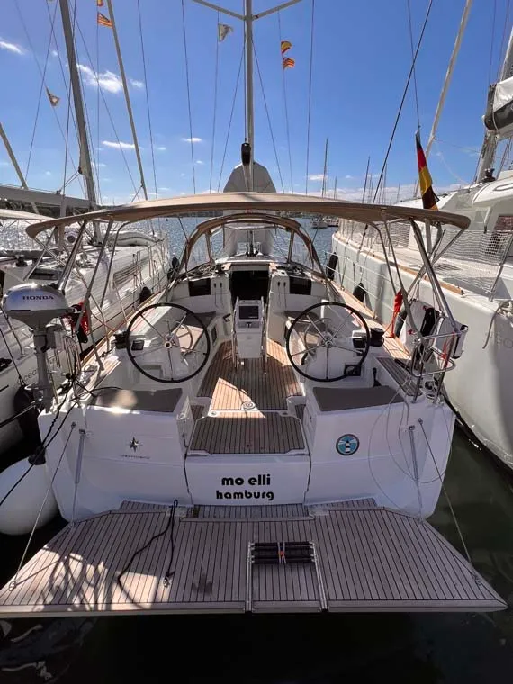 Cockpit of Moelli, a Jeanneau Sun Odyssey 389 sailboat at Felanitx, Spain