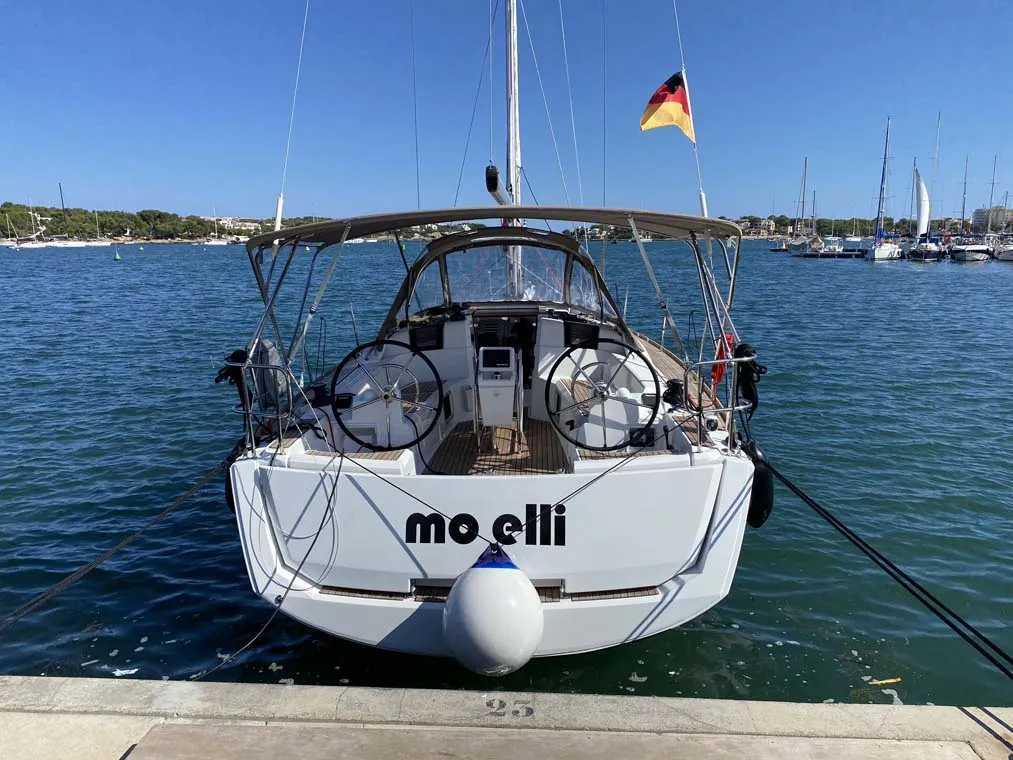 Exterior view of Moelli, a Jeanneau Sun Odyssey 389 sailboat at Felanitx, Spain