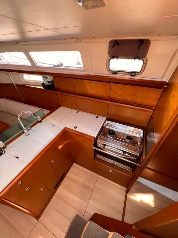 Galley of Moelli, a Jeanneau Sun Odyssey 389 sailboat at Felanitx, Spain