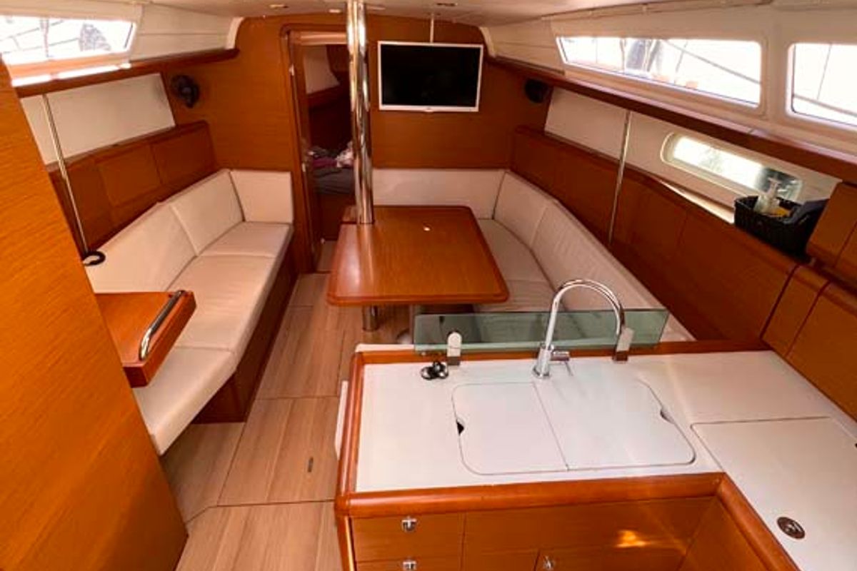 Salon of Moelli, a Jeanneau Sun Odyssey 389 sailboat at Felanitx, Spain