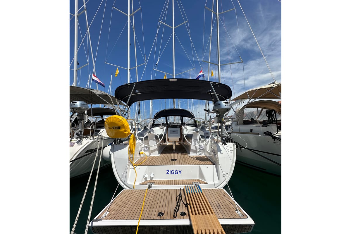 Exterior view of Ziggy, a Bavaria Cruiser 34 sailboat at Split, Croatia