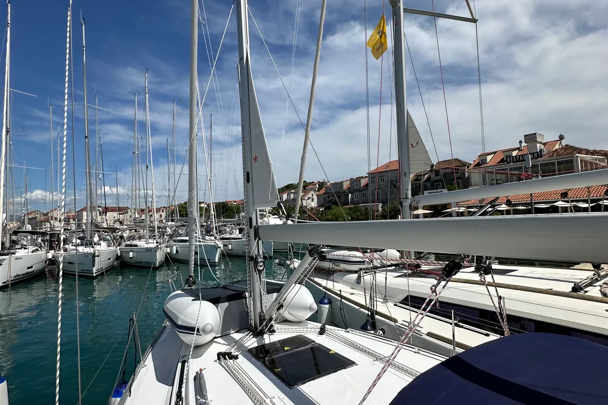 Deck of Ziggy, a Bavaria Cruiser 34 sailboat at Split, Croatia