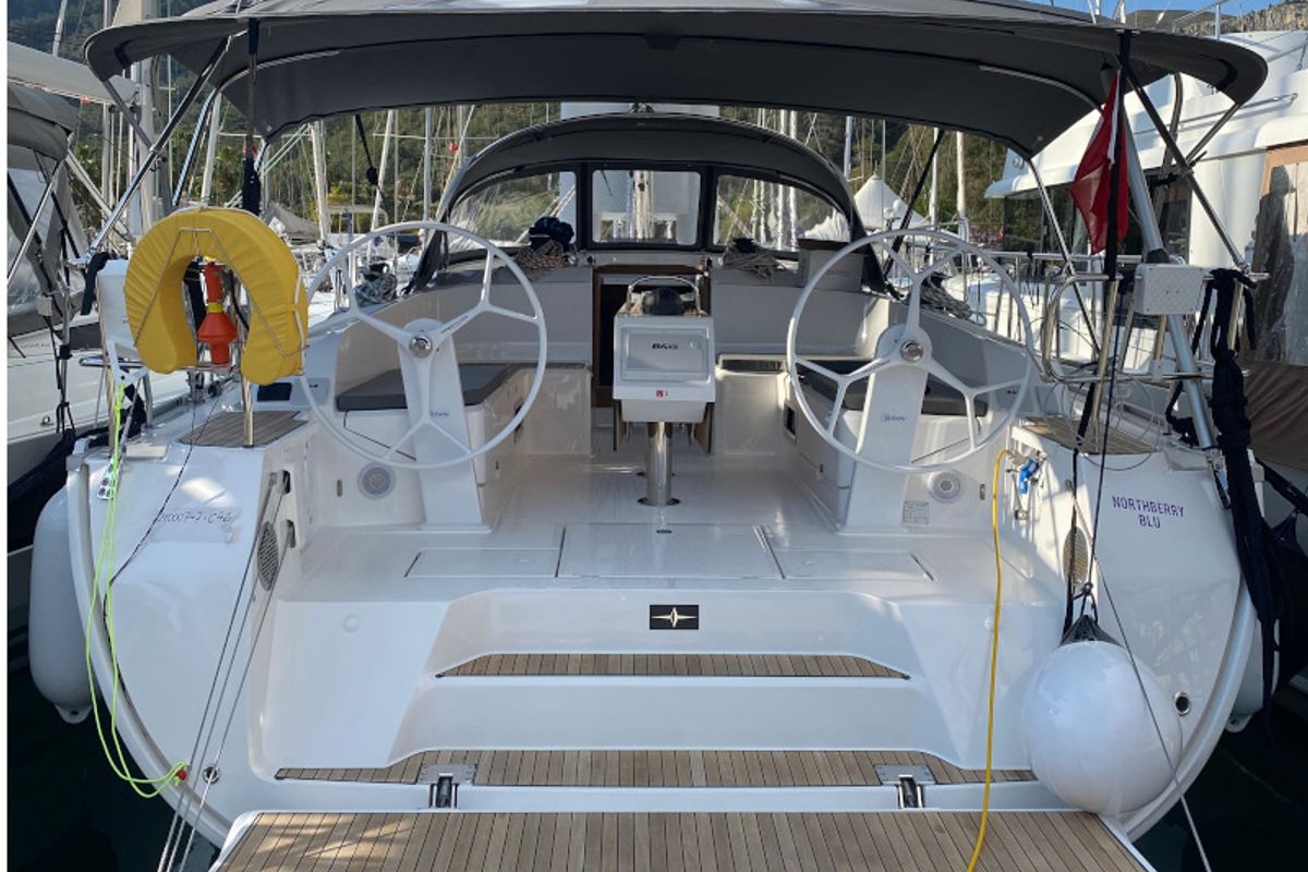 Cockpit of Northberry Blu, a Bavaria Cruiser 46 sailboat at Fethiye, Turkey