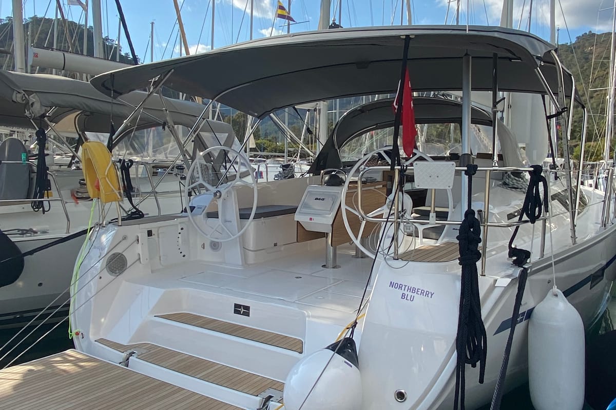 Exterior view of Northberry Blu, a Bavaria Cruiser 46 sailboat at Fethiye, Turkey