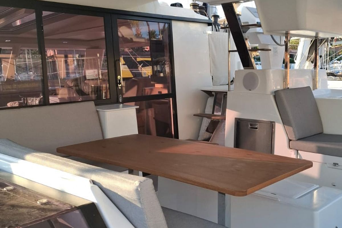 Deck of Amia, a Fountaine Pajot Tanna 47 catamaran at Tonnarella, Italy