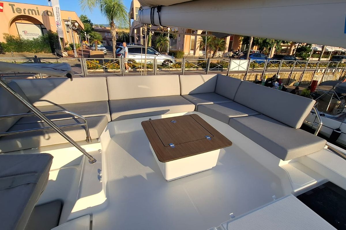 Deck of Amia, a Fountaine Pajot Tanna 47 catamaran at Tonnarella, Italy