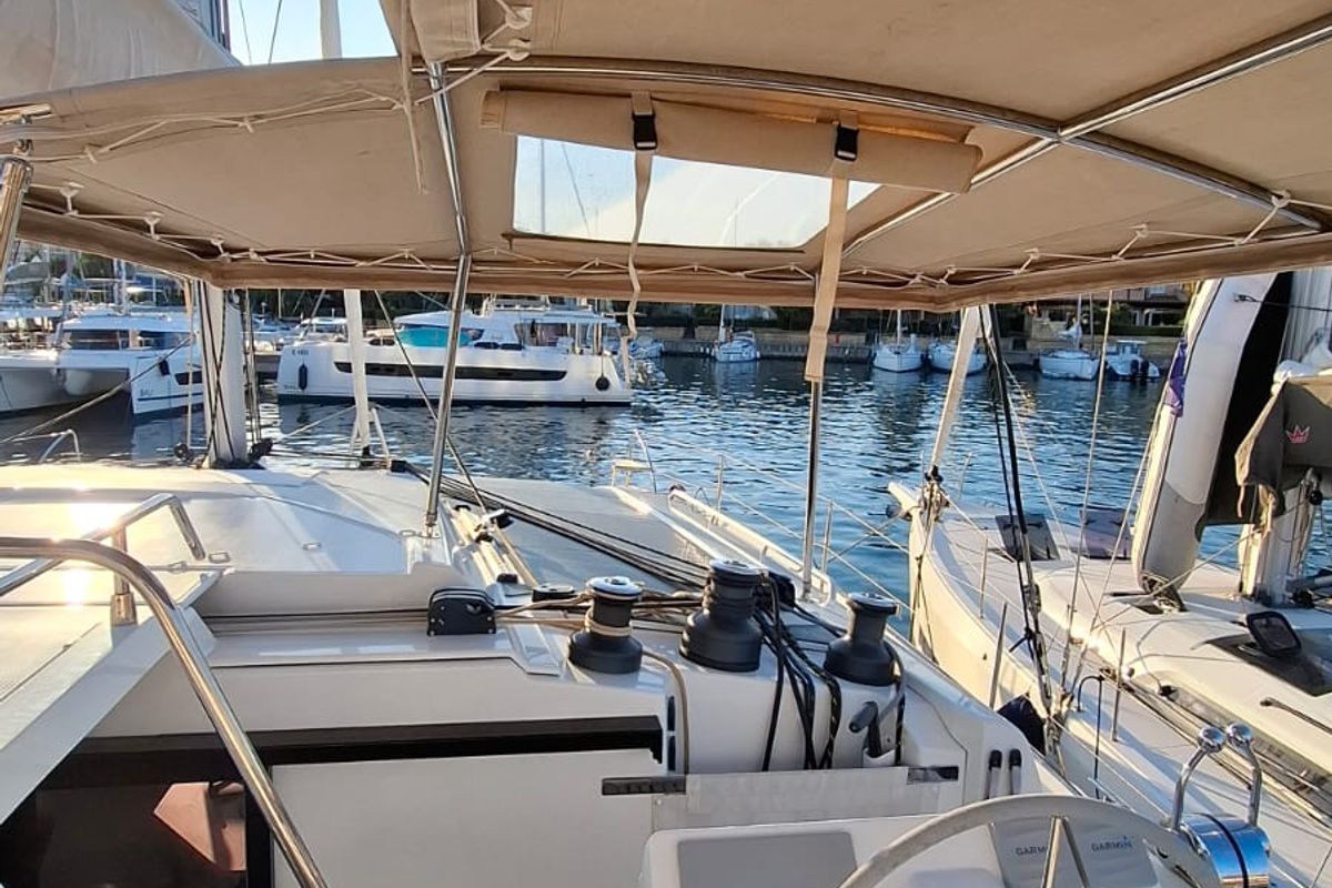 Cockpit of Amia, a Fountaine Pajot Tanna 47 catamaran at Tonnarella, Italy