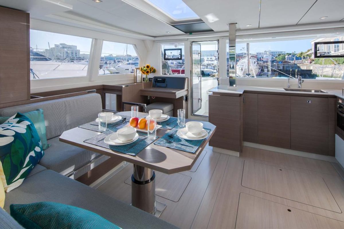 Salon of Moorings 4200/3 Club, a Leopard 42 catamaran at Nassau, Bahamas