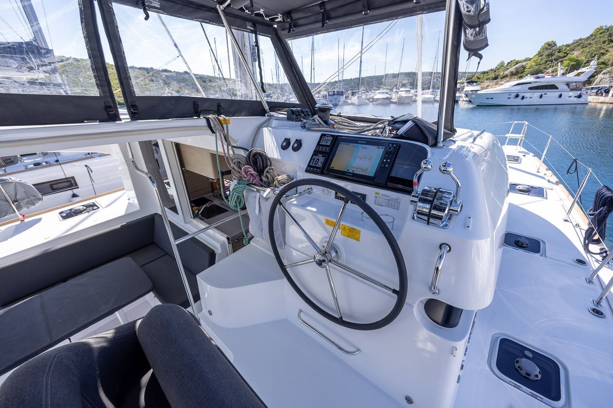 Cockpit of Beluga, a Lagoon 40 catamaran at Primošten, Croatia