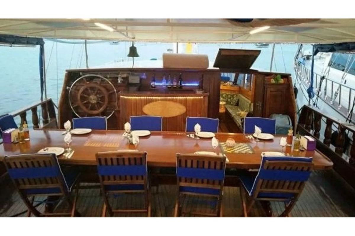 Deck of ARİF Kaptan, a Gulet Gulet gulet at Demre, Turkey
