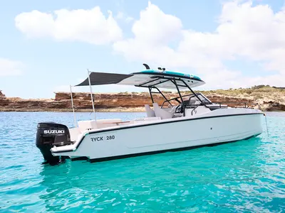 Exterior view of Premium, a Gulet Ryck 280 motorboat at Ibiza, Spain