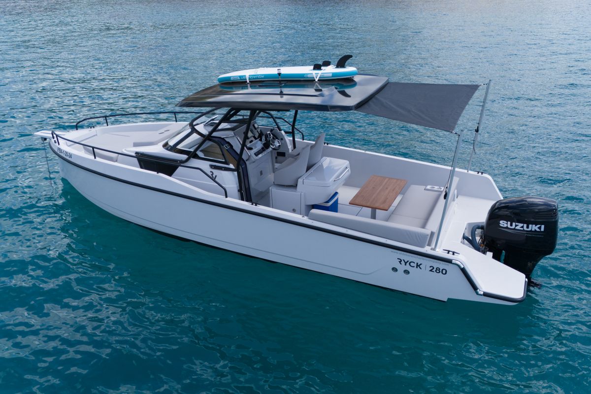 Exterior view of Premium, a Gulet Ryck 280 motorboat at Ibiza, Spain