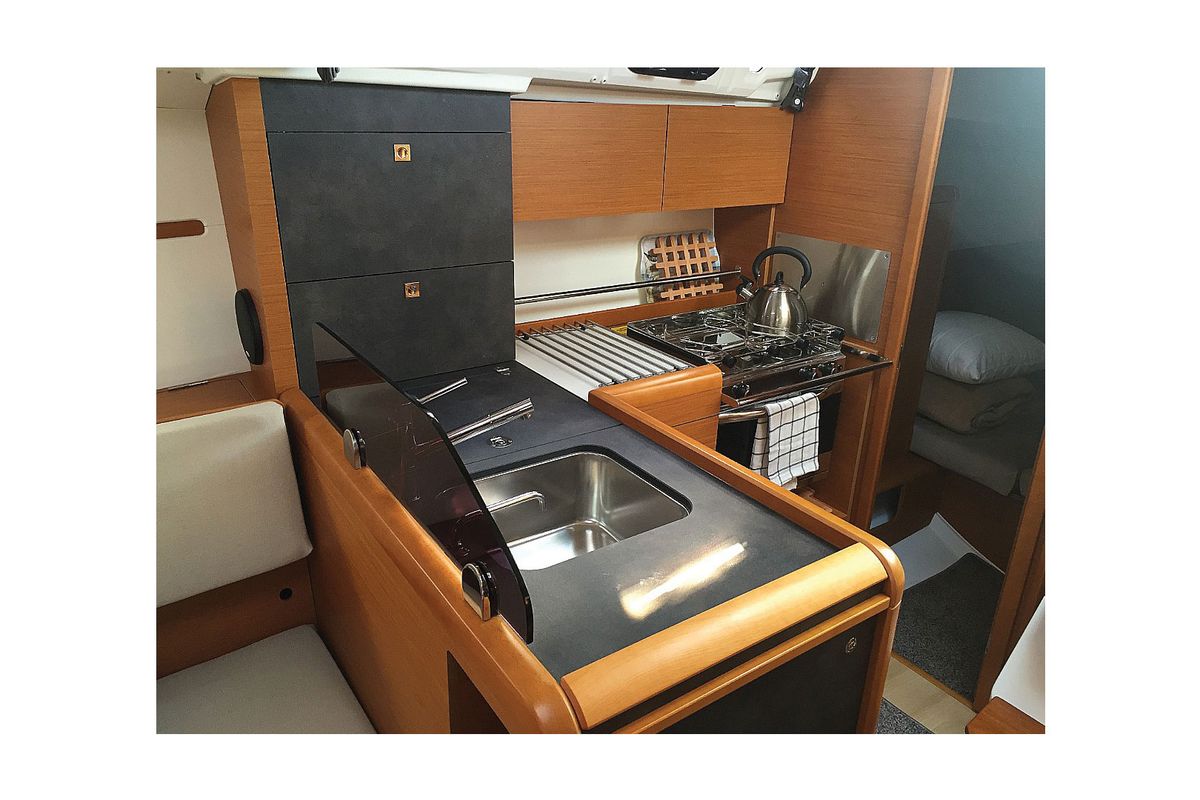 Galley of Bliss, a Jeanneau Sun Odyssey 349 sailboat at Kontokali, Greece