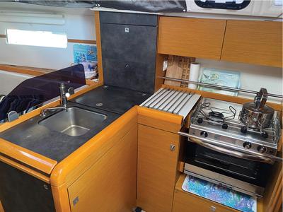 Galley of Bliss, a Jeanneau Sun Odyssey 349 sailboat at Kontokali, Greece
