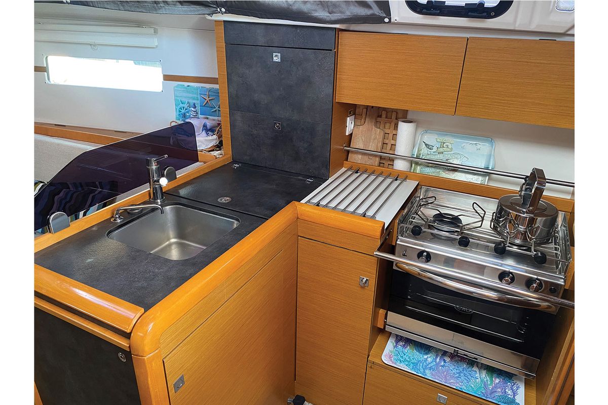 Galley of Bliss, a Jeanneau Sun Odyssey 349 sailboat at Kontokali, Greece