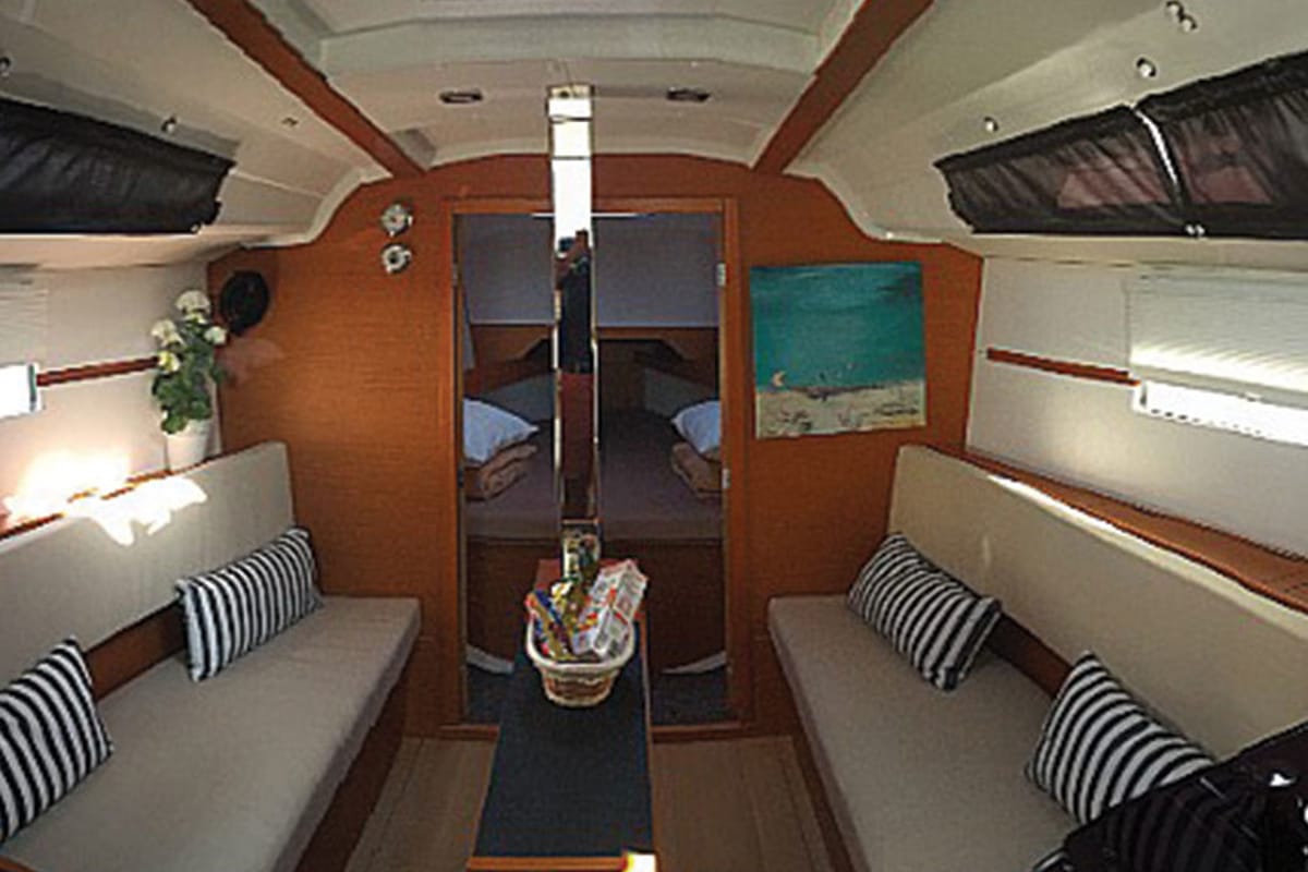 Salon of Bliss, a Jeanneau Sun Odyssey 349 sailboat at Kontokali, Greece