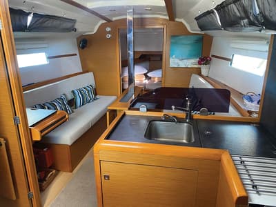 Salon of Bliss, a Jeanneau Sun Odyssey 349 sailboat at Kontokali, Greece