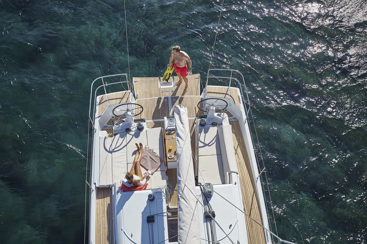 Deck of Sea Friends, a Jeanneau Sun Odyssey 440 sailboat at Fethiye, Turkey