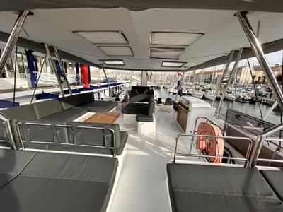 Cockpit of Kalista II, a Fountaine Pajot Samana 59 catamaran at Cogolin, France