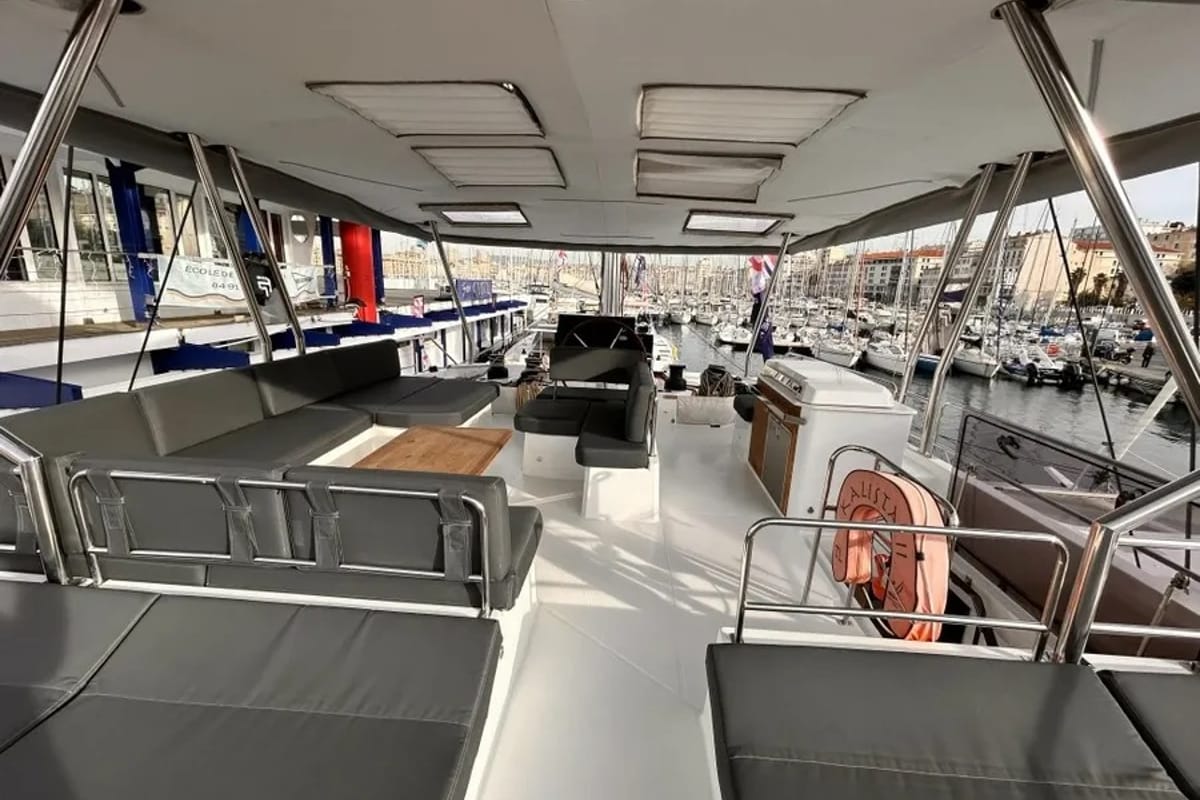 Cockpit of Kalista II, a Fountaine Pajot Samana 59 catamaran at Cogolin, France