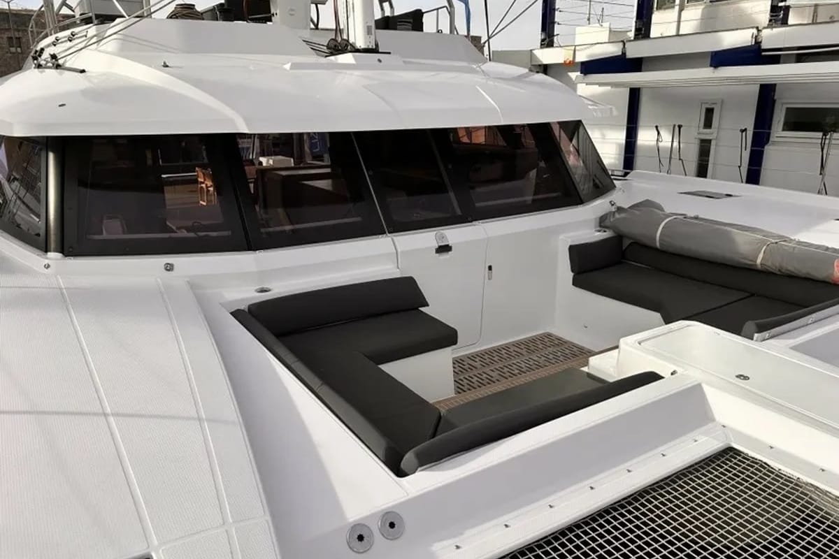Deck of Kalista II, a Fountaine Pajot Samana 59 catamaran at Cogolin, France