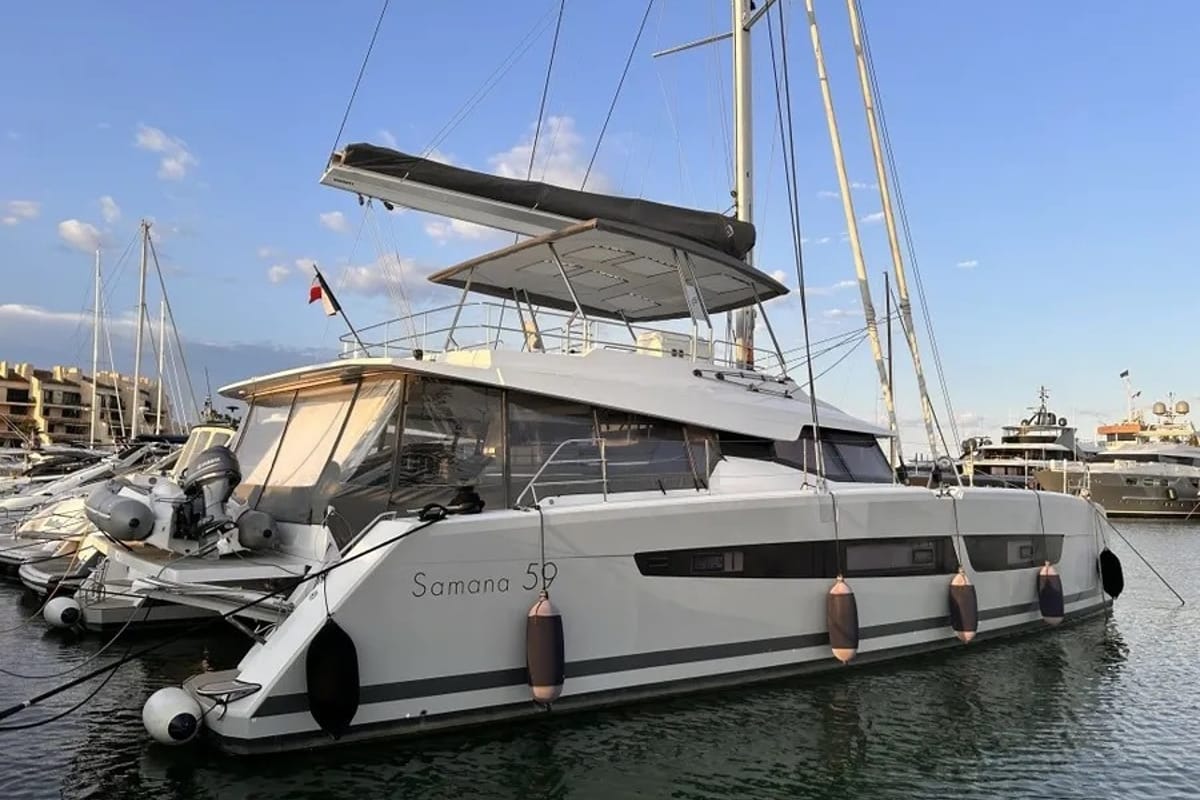 Exterior view of Kalista II, a Fountaine Pajot Samana 59 catamaran at Cogolin, France