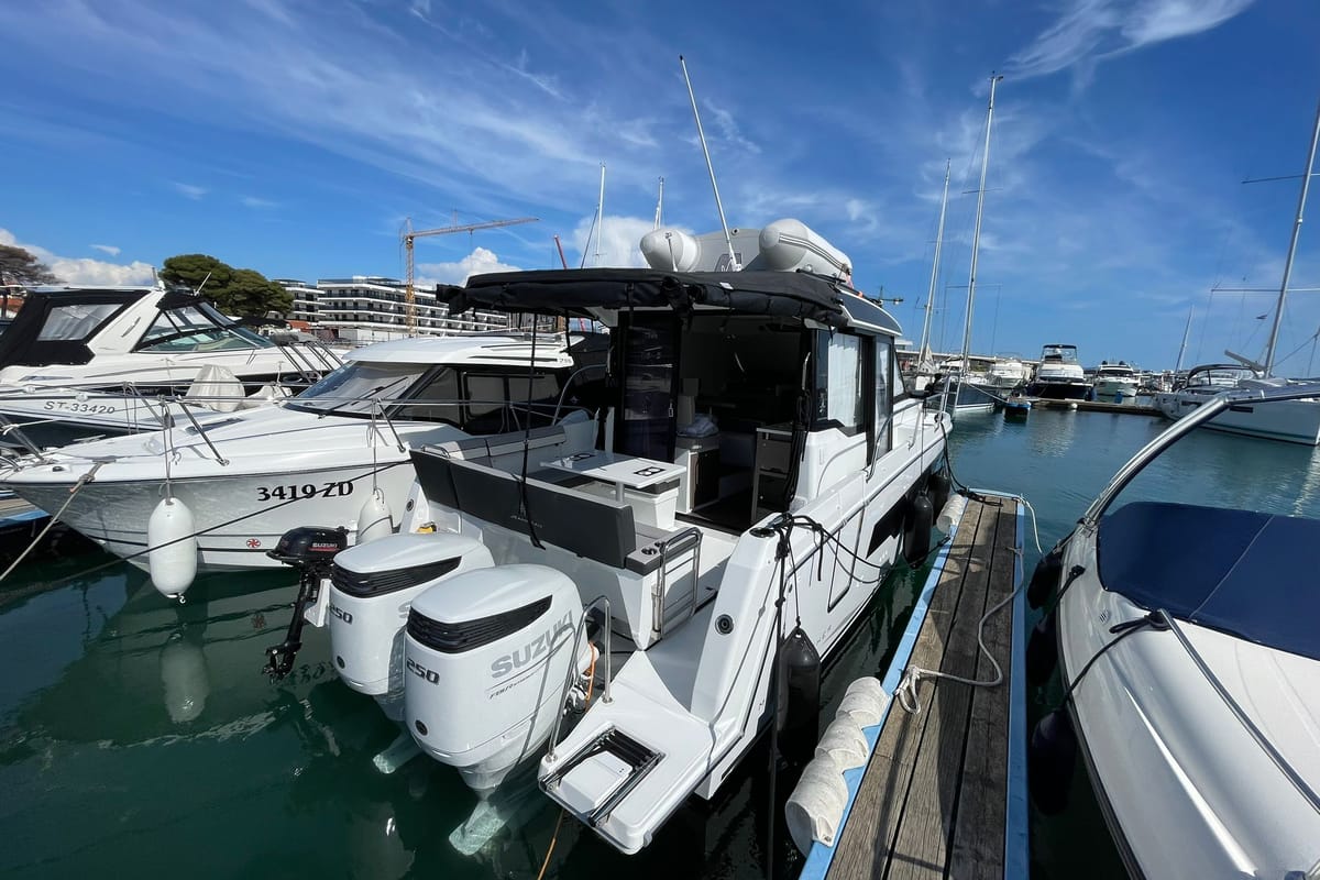 Exterior view of Miami Vice, a Jeanneau Merry Fisher 895 motorboat at Zadar, Croatia