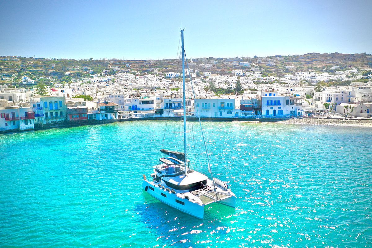 Exterior view of Keyma, a Lagoon 46 catamaran at Tourlos, Greece