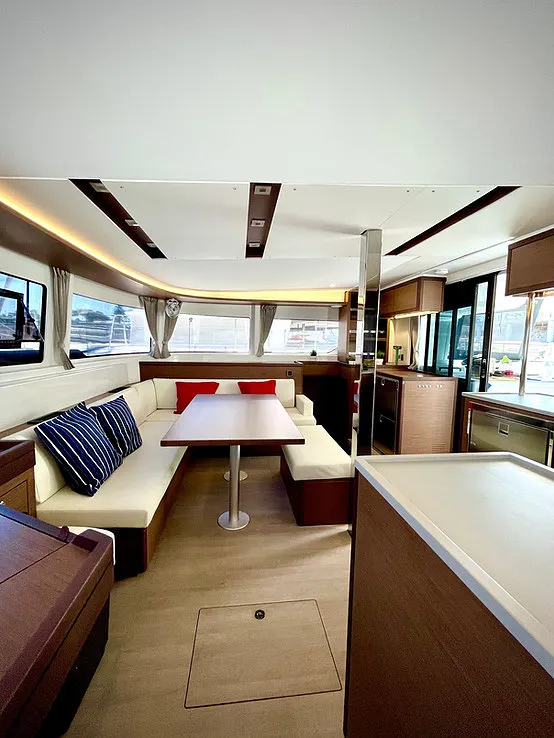 Salon of Keyma, a Lagoon 46 catamaran at Tourlos, Greece