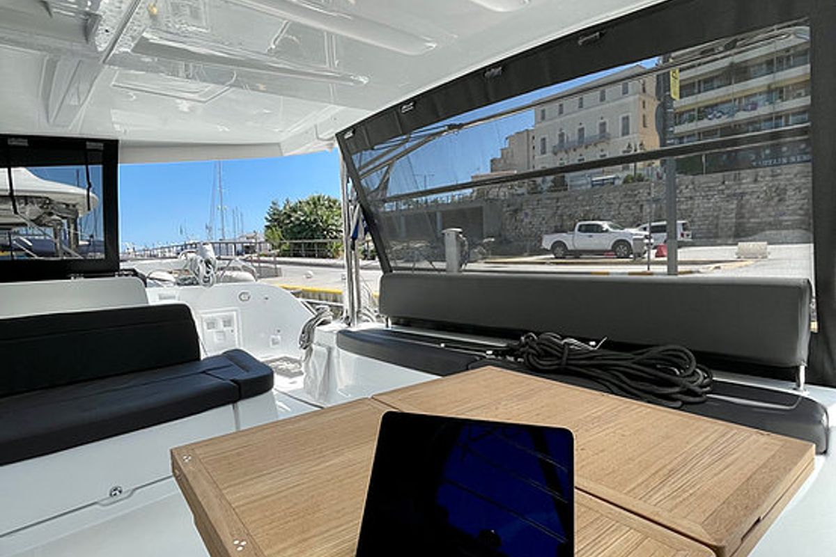 Deck of Keyma, a Lagoon 46 catamaran at Tourlos, Greece