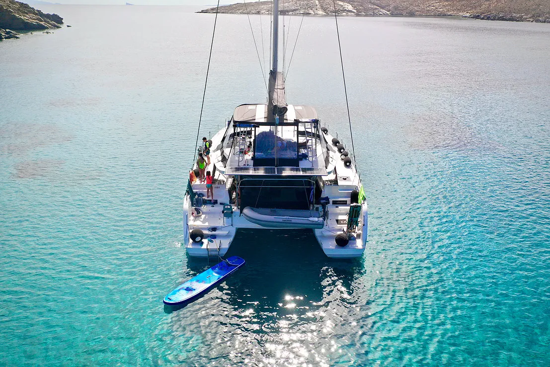 Exterior view of Keyma, a Lagoon 46 catamaran at Tourlos, Greece