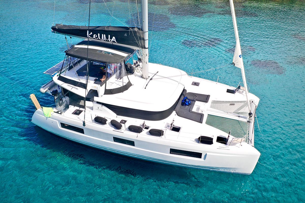 Exterior view of Keyma, a Lagoon 46 catamaran at Tourlos, Greece