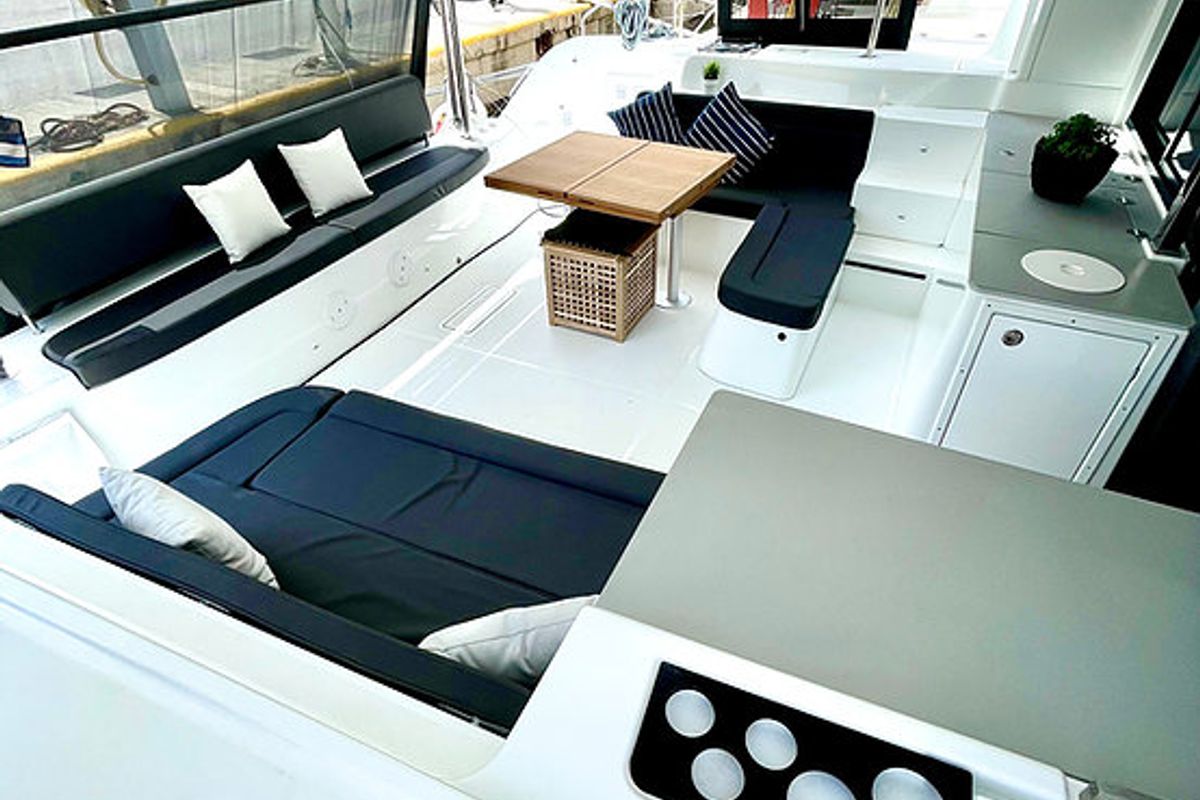 Deck of Keyma, a Lagoon 46 catamaran at Tourlos, Greece