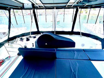 Cockpit of Keyma, a Lagoon 46 catamaran at Tourlos, Greece