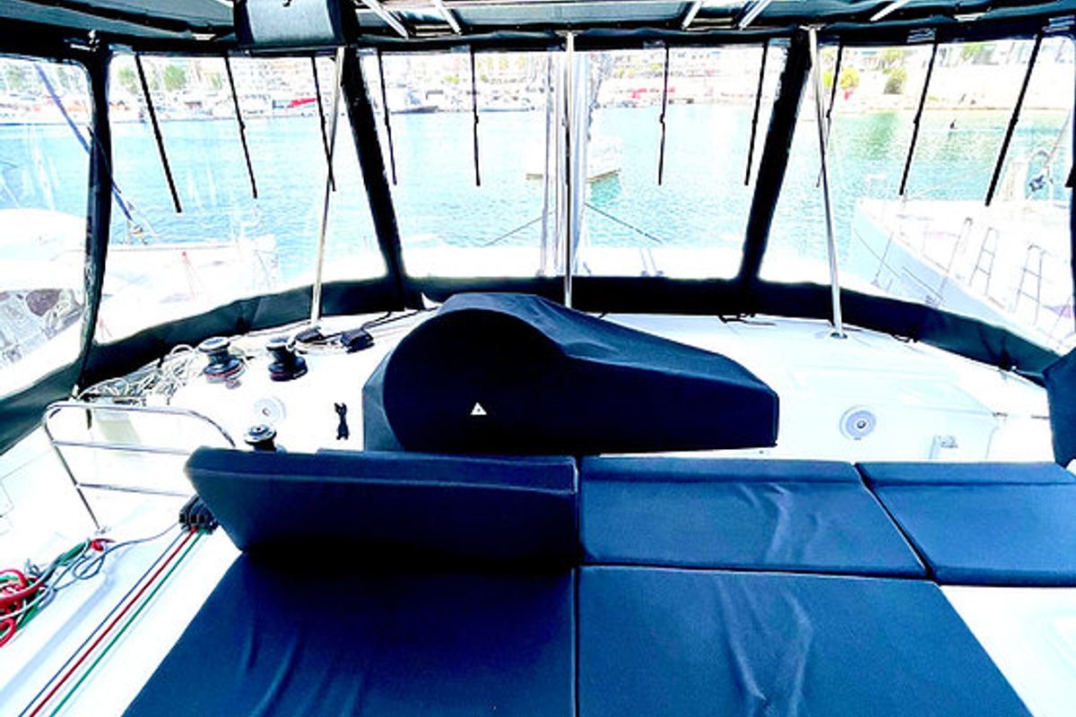 Cockpit of Keyma, a Lagoon 46 catamaran at Tourlos, Greece